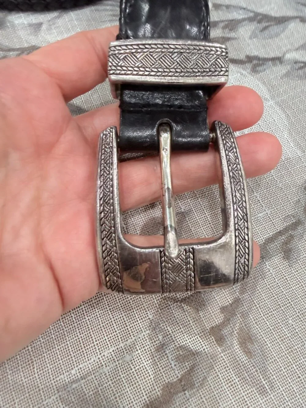 Torino Leather Co. Black Woven Braided Leather Belt Size L 42 Engraved Buckle